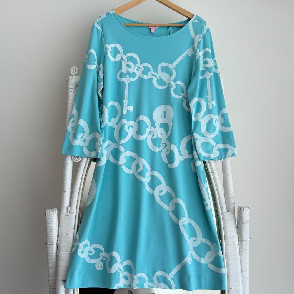 Lilly Pulitzer Turquoise & White Chain-Print Shift Dress